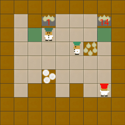 Three agents cooking in Overcooked